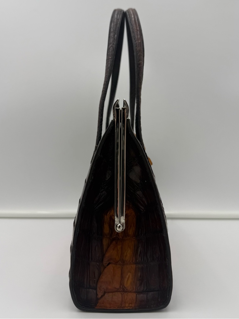 🐊JAPAN • Brown Exotic CROCODILE Frame 30 Top Handle Bag w/ Ornate Silver Trim - Picture 4 of 16